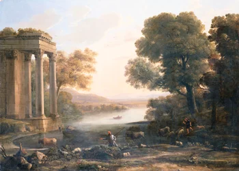 Eine pastorale Landschaft mit Ruinentempel, ca. 1638