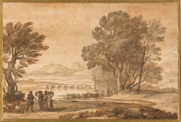 Eine bewaldete Flusslandschaft mit Jakob, Laban und seinen Töchtern