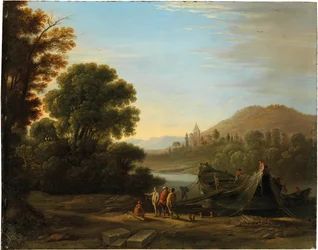 Landschaft mit Figuren, die Holz auf ein Boot laden