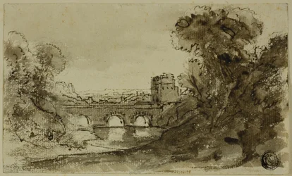 Italienische Flusslandschaft mit Brücke und Turm