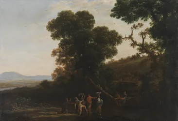 Landschaft mit Figuren, die durch einen Bach waten