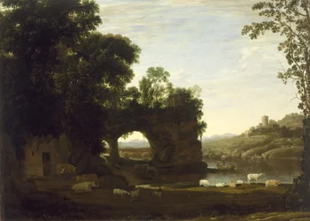 Landschaft mit Felsbogen und Fluss