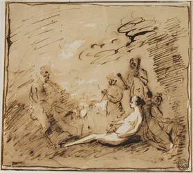 Nymphen und Satyrn spielen Musikinstrumente