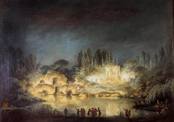 Beleuchtung des Belvedere-Pavillons in den Gärten des Petit Trianon in Versailles während des Festes, das Königin Marie Antoinette zu Ehren ihres Bruders Joseph II (1741-1790) im August 1781 gab. Gemälde von Claude Louis Chatelet (1753-1794)