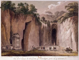 Blick auf die Höhle von Pausilippe (Posillipo) (oder „Grotta Vecchia“), in der Nähe von Neapel. Zeichnung von Chatelet