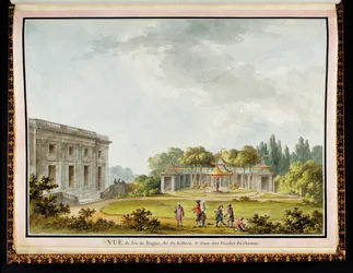 "Vue de Jeu de Bague, de Sa Gallerie, & d"une des Façades du Chateau", aus Das Schloss und die Gärten der Königin im Petit Trianon: Ein prächtiges Album mit Originalzeichnungen und Plänen, in Auftrag gegeben von Marie-Antoinette, vom Architekten Richard Mi