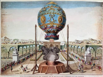 Erfahrung der Montgolfière-Brüder am 19. Oktober 1783 im Garten von Monsieur Réveillon, Faubourg Saint Antoine in Paris. Gravur von Desrais Claude Louis Desrais (1746-1816)