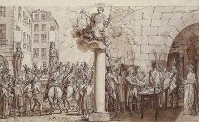 Die Witwe Morin und ihre Tochter Angelique Delaporte in der Conciergerie, bestraft mit öffentlicher Fesselung für das Verbrechen der Erpressung mit Gewalt von Unterschriften, 1812