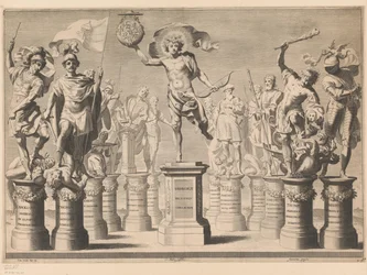 Allegorie zu Ehren des Hauses Savoyen mit legendären Figuren auf Sockeln