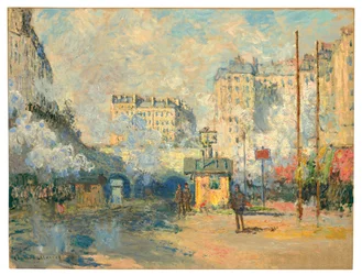 Außenansicht des Bahnhofs Saint-Lazare, Lichteffekt, 1877