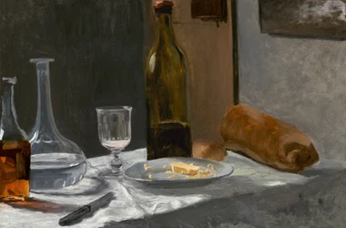 Stillleben mit Flasche, Karaffe, Brot und Wein, um 1862-1863