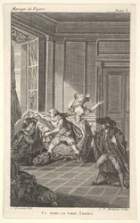 Ein Mann, der sich in einem Stuhl zusammenrollt, schaut auf einen anderen Mann, der von links auf ihn zukommt, ca. 1784