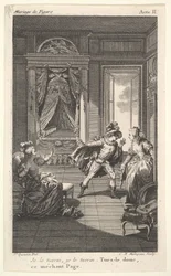 Ein Mann lehnt sich zu einer Frau, die in einer Türöffnung rechts steht, links hebt eine sitzende Frau..., ca. 1784