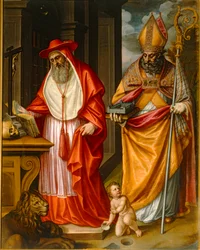 Heilige Hieronymus und Augustinus von Hippo, Kirchenväter, mit einem Modell des Escorial