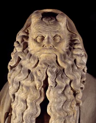 Flämische Gotik: der Prophet Moses. Detail des Sockels mit den Darstellungen von Daniel, Zacharias, Jesaja, Moses, Jeremia und David von Claus Sluter (1350-1406) bekannt als der Brunnen von Moses