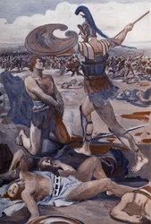 Der Tod des Patroklos: Hektor tötet Patroklos. Illustration von Clément Gontier (1876-1918) zu Homers „Ilias“ (Omero). Paris, Henri Laurens