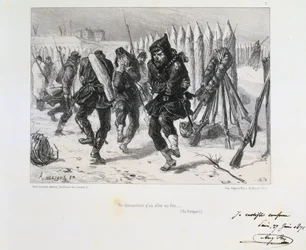 Deutsch-Französischer Krieg 1870-1871. Belagerung von Paris 19. Sept. 1870-28. Jan. 1871. Soldaten auf den Wällen springen herum, um sich warm zu halten. Aus einer Serie von Lithografien von Clément Auguste Andrieux über die Nationalgarden.