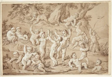 Eine große Gruppe von Putti, die zufrieden an einem Bach spielen