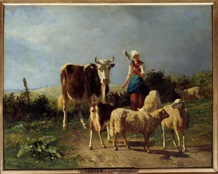 Ein Hirte mit einer Kuh und Schafen