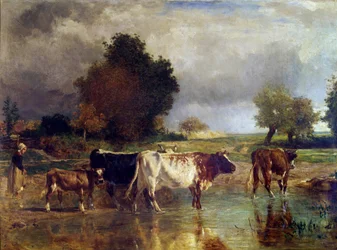 Kuh und Kalb am Teich oder am Wassertrog Gemälde von Constant Troyon (1810-1865) 19. Jahrhundert