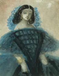 Junge Frau in einem blau-schwarzen Kleid, ca. 1863.
