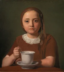 Kleines Mädchen, Elise Købke, mit einer Tasse vor sich, 1850