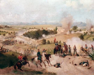 Amerikanisch-Mexikanischer Krieg: Ansicht der Schlacht von Molino del Rey am 08.09.1847 (Detail). Gemälde von Constantino Escalante (1836-1868)