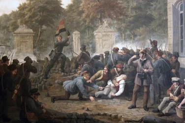 Revolutionäre Barrikade gegenüber dem Park von Brüssel während der Kämpfe zwischen belgischen Rebellen und niederländischen Truppen im Jahr 1830