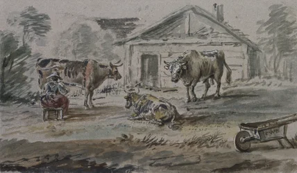 Rinder vor einem Cottage
