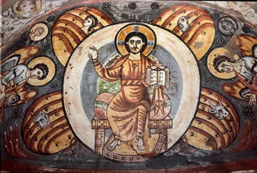 Koptische Kunst: Christus in Majestät. Die Symbole der vier Evangelisten. Fresko, 5.-6. Jahrhundert. Koptisches Museum, Kairo, Ägypten