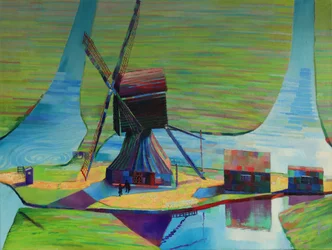 Bunte Windmühlenlandschaft