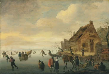 Winterlandschaft mit pferdegezogenen Schlitten und Figuren, die auf einem zugefrorenen See in einem ländlichen Dorf Schlittschuh laufen