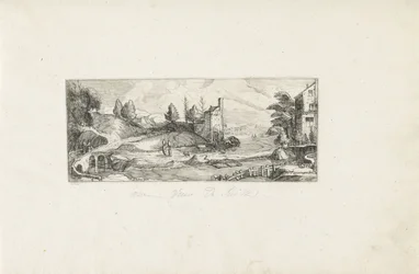 Flusslandschaft mit zwei Frauen auf einer Brücke Landschaften (Serientitel)