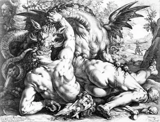 Drache verschlingt die Gefährten des Kadmos, gestochen von Hendrik Goltzius, 1588