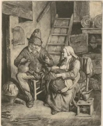 Bauer in Landhaus, neben ihm eine stillende Frau