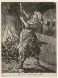 Eine Frau zündet eine Leuchtrakete, Blatt 5 der Folge „Allgemeine Freude über die Belagerung von Namur durch William III. 1695“