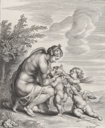 Venus stillt drei Cupidos in einer Landschaft, ca. 1627-78