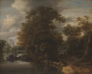 Landschaft an einem Fluss. Im Hintergrund ein Kalkofen