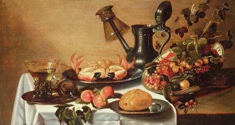 Stillleben mit Früchten und Krebs, umgestürzter Römer auf dem Ausguss eines Kruges