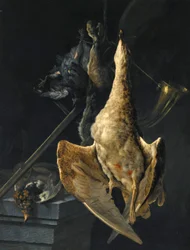 Jagdstillleben mit einer Gans, einem Hasen, einem Jagdhorn, einer Flinte und anderem Wild