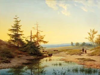 Eine Heidelandschaft mit Figuren und Rindern an einem Teich