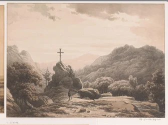 Berglandschaft mit Kreuz auf einem Felsen