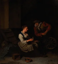Ein Kavalier und eine Frau am Spinnrad, 1662