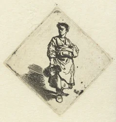 Stehende Frau mit Krug in der rechten Hand