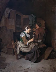 Frau mit Weinglas und zwei männlichen Bauern