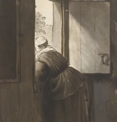 Eine Frau, die sich auf die untere Tür lehnt, nach Rembrandt van Rijn