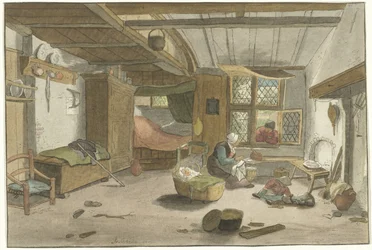 Interieur mit Frau bei Wiege
