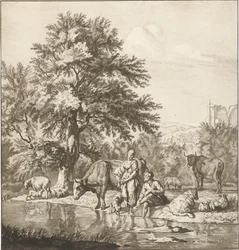 Hirte und Hirtin mit Herde an einem Fluss