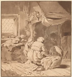 Innenraum eines Bauernhauses mit zwei Frauen