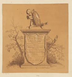 Stehender Putto auf einem Denkmal mit Widmung an Jonas Witsen